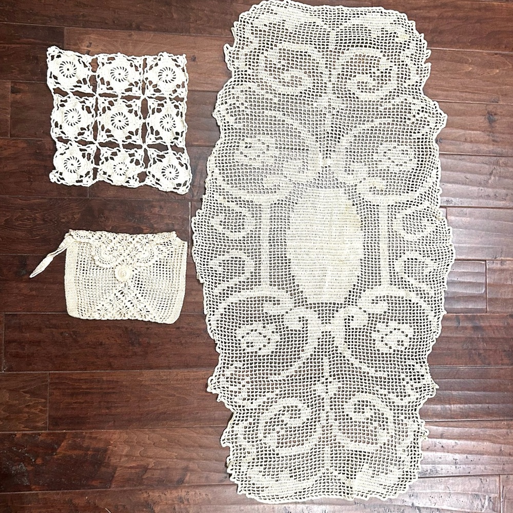 Vintage Linens Set of 3 Two Table Shelf Scarfs & One Crochet Wristlet Bag